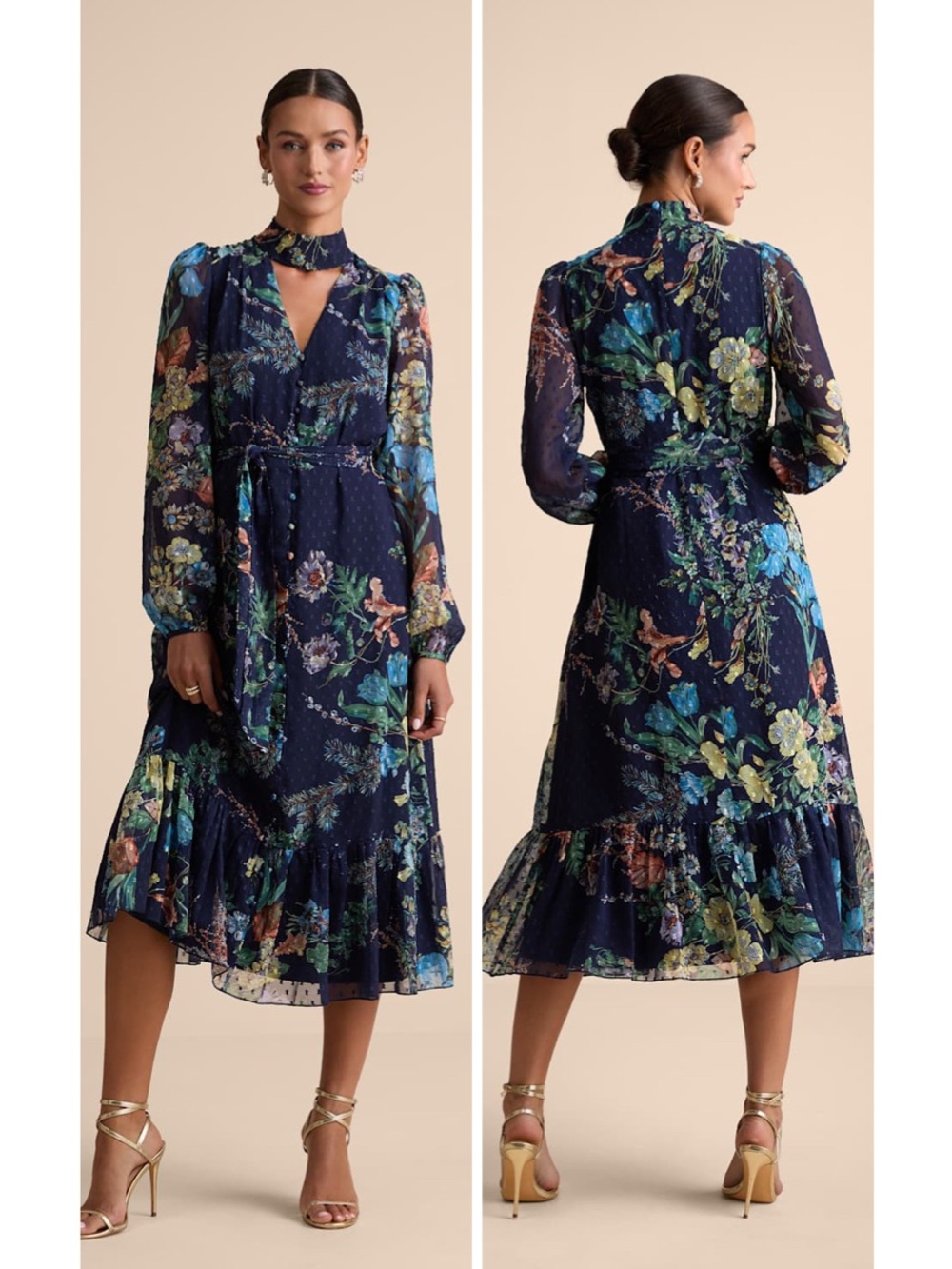 Lulus Fallyn Navy Floral Swiss Dot Long Sleeve Midi Dress Size Medium Tie Waist